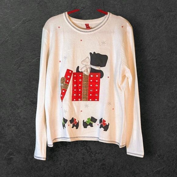 Holiday Time Sweater XXL (20) Christmas Dog Presents Cream Embroidered - Picture 1 of 6